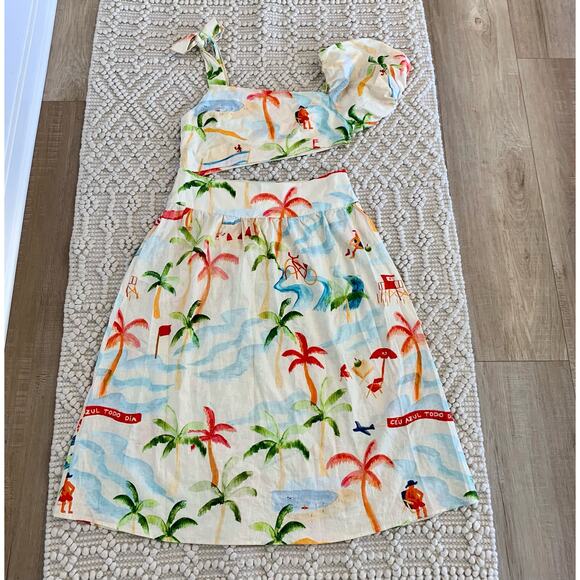Farm Rio Copacabana Tropical Palm Tree Midi Dress Puff Sleeve Large - Picture 4 of 7